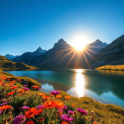 A highly detailed image of a serene mountain landscape during sunrise, featuring clear blue skies, a shimmering lake reflecting the mountains, and vibrant wildflowers in the foreground