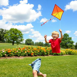A playful young boy with sandy blonde hair, wearing a bright red t-shirt and denim shorts, joyfully flying a colorful kite in a sunny park