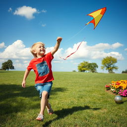 A playful young boy with sandy blonde hair, wearing a bright red t-shirt and denim shorts, joyfully flying a colorful kite in a sunny park