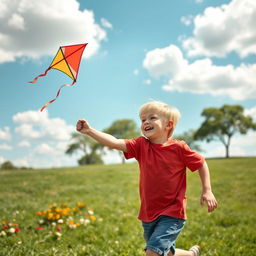 A playful young boy with sandy blonde hair, wearing a bright red t-shirt and denim shorts, joyfully flying a colorful kite in a sunny park
