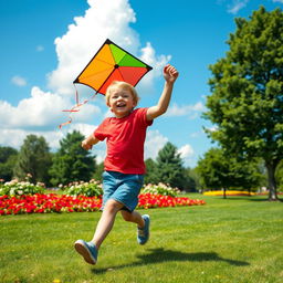 A playful young boy with sandy blonde hair, wearing a bright red t-shirt and denim shorts, joyfully flying a colorful kite in a sunny park