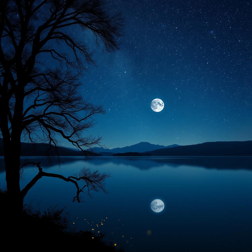 An ethereal nighttime landscape featuring a vast and tranquil lake reflecting the starry sky above