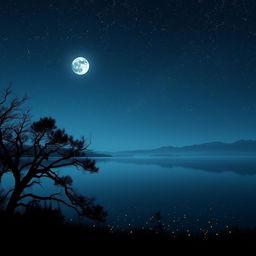 An ethereal nighttime landscape featuring a vast and tranquil lake reflecting the starry sky above