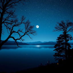 An ethereal nighttime landscape featuring a vast and tranquil lake reflecting the starry sky above