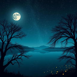 An ethereal nighttime landscape featuring a vast and tranquil lake reflecting the starry sky above