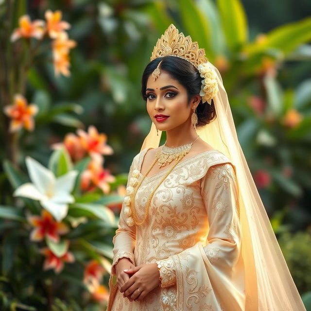 A Sri Lankan bride wearing a traditional wedding dress, beautifully designed with intricate golden embroidery and a rich cream color
