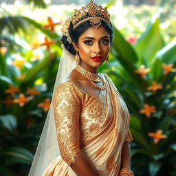 A Sri Lankan bride wearing a traditional wedding dress, beautifully designed with intricate golden embroidery and a rich cream color