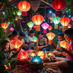 A lively scene depicting the traditional craft of Christmas lantern making in the Philippines