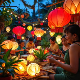A lively scene depicting the traditional craft of Christmas lantern making in the Philippines