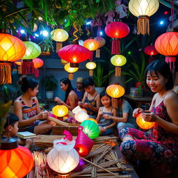 A lively scene depicting the traditional craft of Christmas lantern making in the Philippines