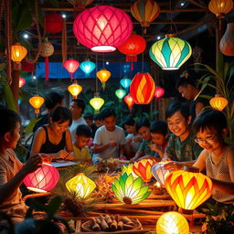 A lively scene depicting the traditional craft of Christmas lantern making in the Philippines
