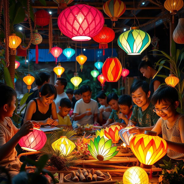 A lively scene depicting the traditional craft of Christmas lantern making in the Philippines