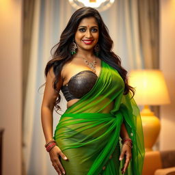 A hot and sexy Indian mature woman, known as an Aunty, standing in a tempting pose wearing a transparent green saree that elegantly drapes around her body