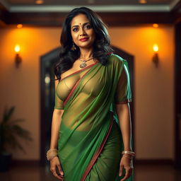 A hot and sexy Indian mature woman, known as an Aunty, standing in a tempting pose