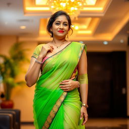 A hot and sexy Indian mature woman, known as an Aunty, standing in a tempting pose