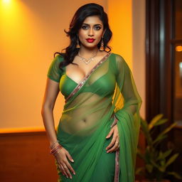 A hot and sexy Indian mature woman, known as an Aunty, standing in a tempting pose