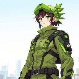 A character wearing a Gyalsup green OG uniform, which includes a stylish, modern design with bold green and black accents