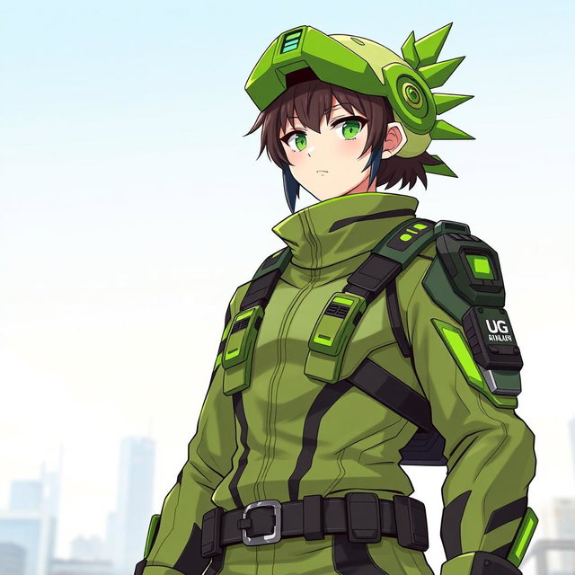 A character wearing a Gyalsup green OG uniform, which includes a stylish, modern design with bold green and black accents