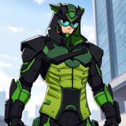A character wearing a Gyalsup green OG uniform, which includes a stylish, modern design with bold green and black accents
