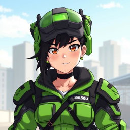 A character wearing a Gyalsup green OG uniform, which includes a stylish, modern design with bold green and black accents
