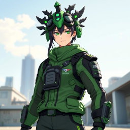 A character wearing a Gyalsup green OG uniform, which includes a stylish, modern design with bold green and black accents
