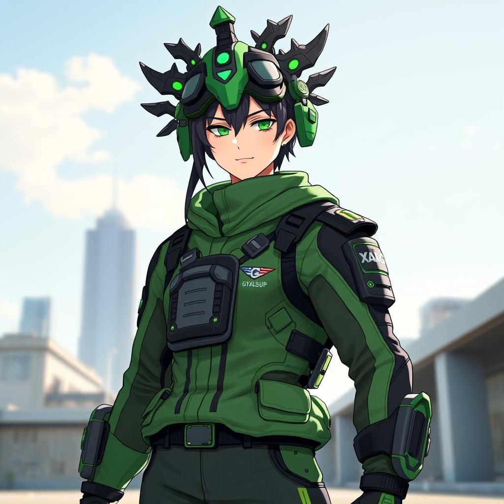 A character wearing a Gyalsup green OG uniform, which includes a stylish, modern design with bold green and black accents