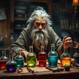 Create an image of a very old alchemist in a medieval laboratory setting