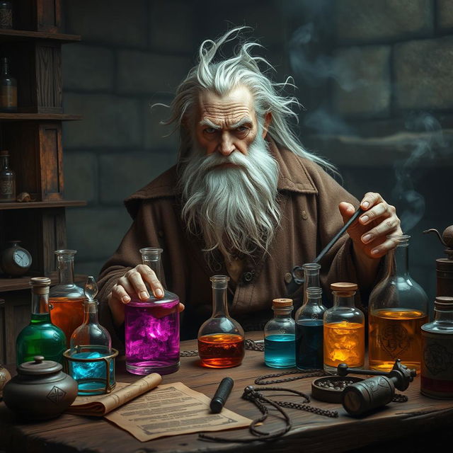 Create an image of a very old alchemist in a medieval laboratory setting