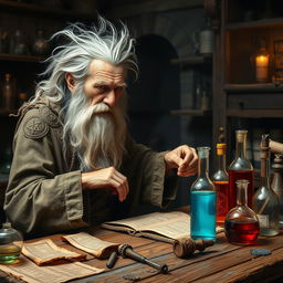 Create an image of a very old alchemist in a medieval laboratory setting