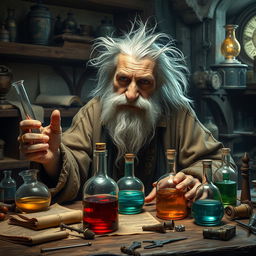 Create an image of a very old alchemist in a medieval laboratory setting