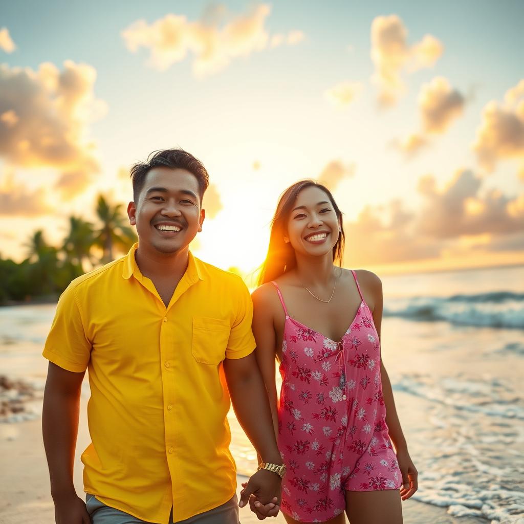 A joyful Filipino couple, smiling and enjoying a beautiful day at the beach, dressed casually in bright summer clothes, with the sun setting behind them, vibrant clouds in the sky, palm trees swaying gently in the background, and soft waves lapping at the shoreline