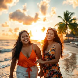A joyful Filipino couple, smiling and enjoying a beautiful day at the beach, dressed casually in bright summer clothes, with the sun setting behind them, vibrant clouds in the sky, palm trees swaying gently in the background, and soft waves lapping at the shoreline