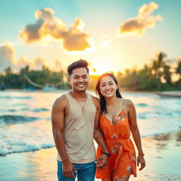 A joyful Filipino couple, smiling and enjoying a beautiful day at the beach, dressed casually in bright summer clothes, with the sun setting behind them, vibrant clouds in the sky, palm trees swaying gently in the background, and soft waves lapping at the shoreline
