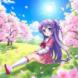 a cute anime girl with long flowing purple hair, large sparkling blue eyes, and a joyful smile, wearing a stylish pink and white school uniform with a short skirt and knee-high socks, sitting in a cherry blossom garden during spring, surrounded by falling pink petals, the sun shining brightly in a clear blue sky, showcasing a whimsical and cheerful atmosphere