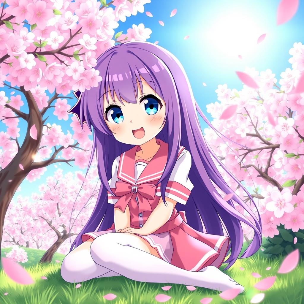 a cute anime girl with long flowing purple hair, large sparkling blue eyes, and a joyful smile, wearing a stylish pink and white school uniform with a short skirt and knee-high socks, sitting in a cherry blossom garden during spring, surrounded by falling pink petals, the sun shining brightly in a clear blue sky, showcasing a whimsical and cheerful atmosphere