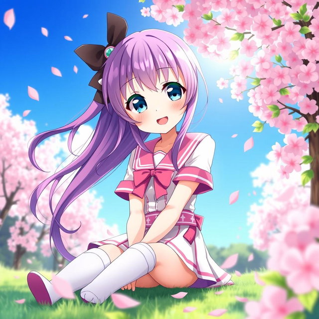 a cute anime girl with long flowing purple hair, large sparkling blue eyes, and a joyful smile, wearing a stylish pink and white school uniform with a short skirt and knee-high socks, sitting in a cherry blossom garden during spring, surrounded by falling pink petals, the sun shining brightly in a clear blue sky, showcasing a whimsical and cheerful atmosphere