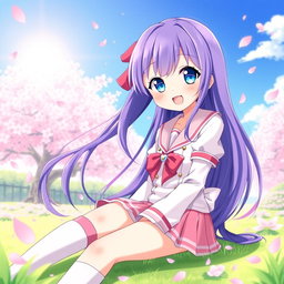 a cute anime girl with long flowing purple hair, large sparkling blue eyes, and a joyful smile, wearing a stylish pink and white school uniform with a short skirt and knee-high socks, sitting in a cherry blossom garden during spring, surrounded by falling pink petals, the sun shining brightly in a clear blue sky, showcasing a whimsical and cheerful atmosphere