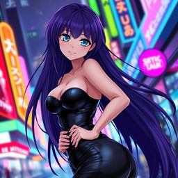 A sexy anime girl with long flowing purple hair, wearing a form-fitting black leather outfit that accentuates her curves
