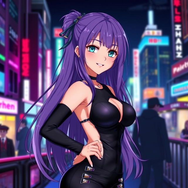 A sexy anime girl with long flowing purple hair, wearing a form-fitting black leather outfit that accentuates her curves