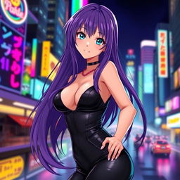 A sexy anime girl with long flowing purple hair, wearing a form-fitting black leather outfit that accentuates her curves