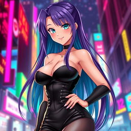 A sexy anime girl with long flowing purple hair, wearing a form-fitting black leather outfit that accentuates her curves