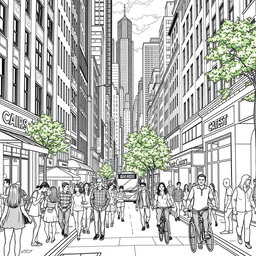 A detailed black and white line art illustration for coloring, depicting a bustling street scene in a large city