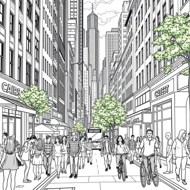 A detailed black and white line art illustration for coloring, depicting a bustling street scene in a large city