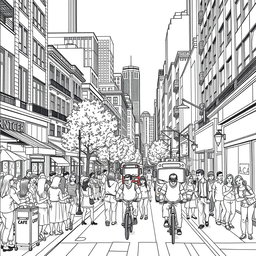A detailed black and white line art illustration for coloring, depicting a bustling street scene in a large city