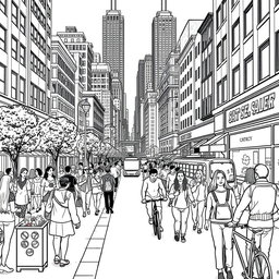 A detailed black and white line art illustration for coloring, depicting a bustling street scene in a large city