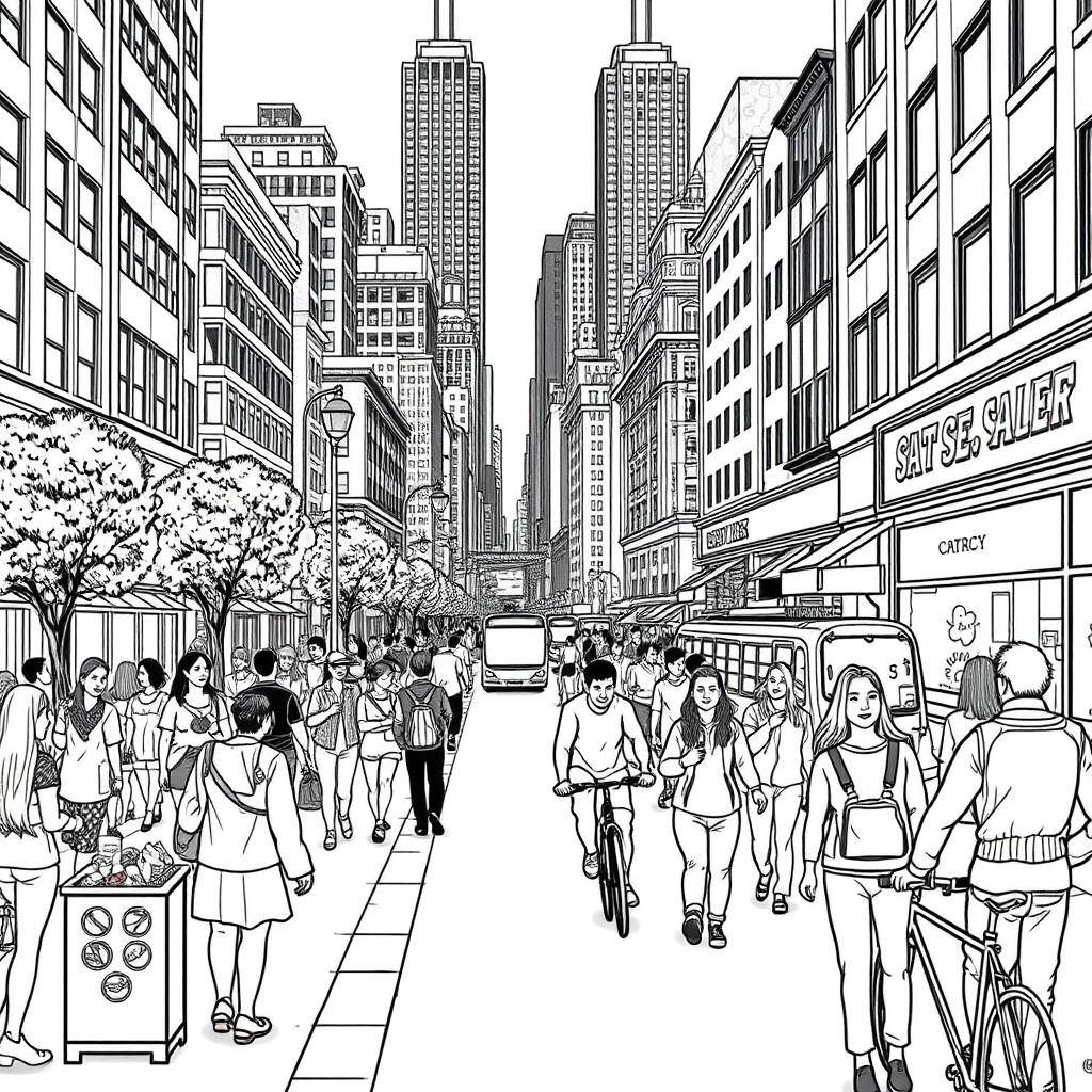 A detailed black and white line art illustration for coloring, depicting a bustling street scene in a large city