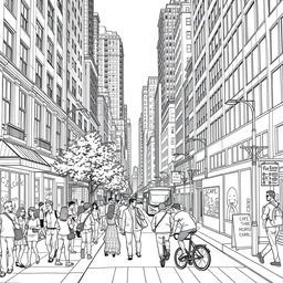 A detailed black and white line art illustration for coloring, depicting a bustling street scene in a large city