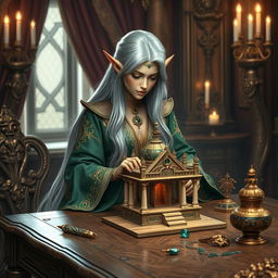 A rich female elf with long, flowing silver hair, elegantly dressed in luxurious robes adorned with intricate patterns of gold and emerald, sitting gracefully on a grand oak table