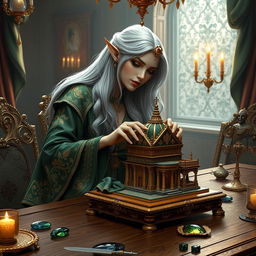 A rich female elf with long, flowing silver hair, elegantly dressed in luxurious robes adorned with intricate patterns of gold and emerald, sitting gracefully on a grand oak table