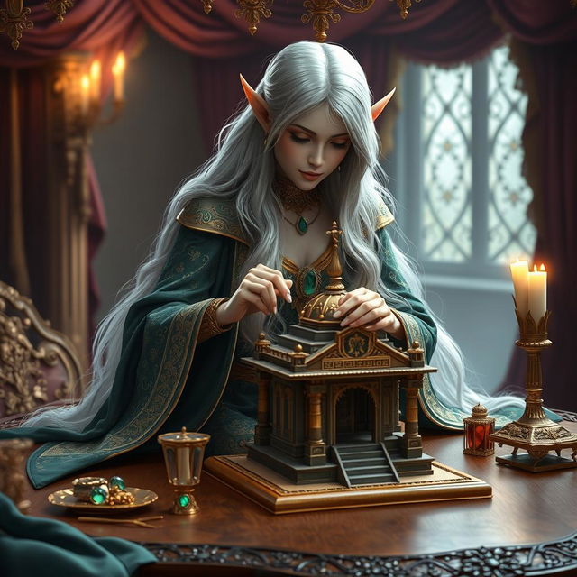 A rich female elf with long, flowing silver hair, elegantly dressed in luxurious robes adorned with intricate patterns of gold and emerald, sitting gracefully on a grand oak table